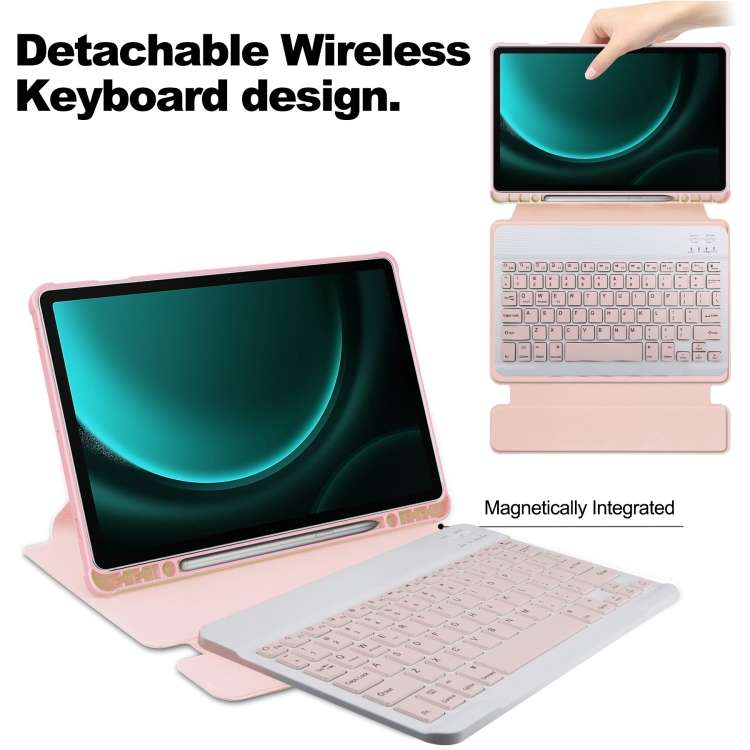 For Samsung Galaxy Tab S9 FE+ 360 Rotation Transparent Smart Leather Case with Keyboard(Pink)