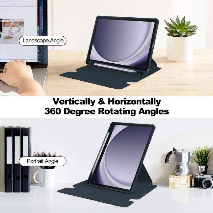 For Samsung Galaxy Tab A9+ 360 Rotation Transparent Smart Leather Case with Keyboard(Dark Blue)