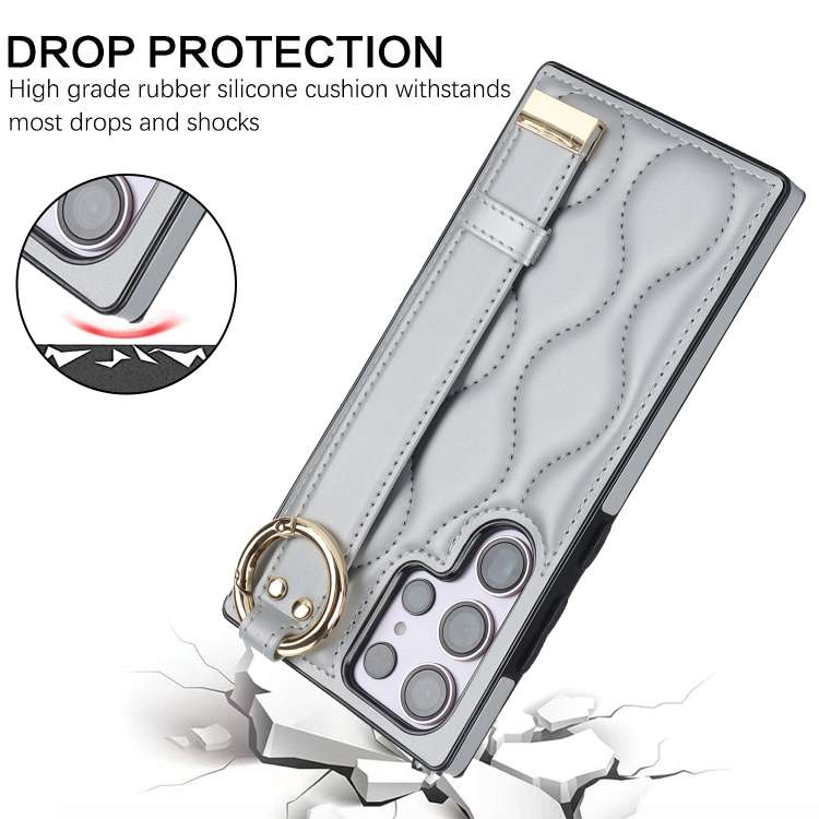 For Samsung Galaxy S23 Ultra Non-slip Full Coverage Ring PU Phone Case with Wristband(Silver)