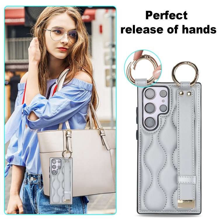 For Samsung Galaxy S23 Ultra Non-slip Full Coverage Ring PU Phone Case with Wristband(Silver)