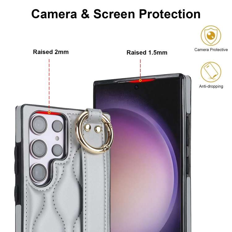 For Samsung Galaxy S23 Ultra Non-slip Full Coverage Ring PU Phone Case with Wristband(Silver)