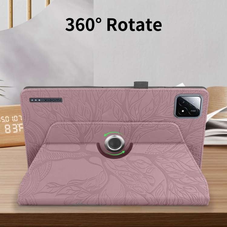 For Xiaomi Pad 6S Pro Tree Life Embossed Rotation Leather Smart Tablet Case(Rose Gold)