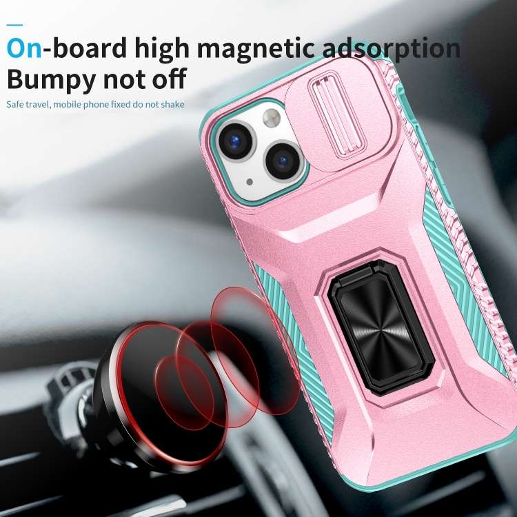 For iPhone 12 mini Sliding Camshield Holder Phone Case(Grey Green + Pink)
