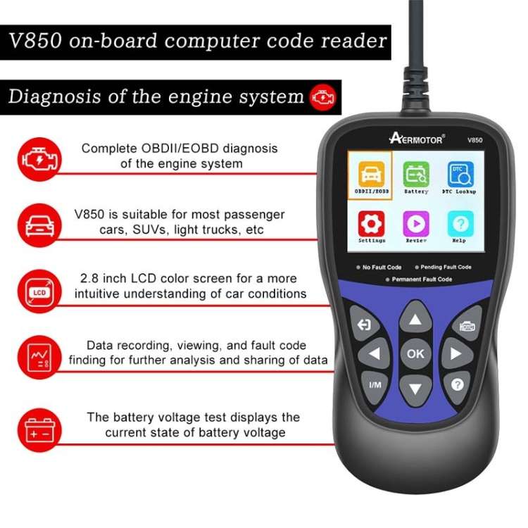 AERMOTOR V850 Car OBD2 Code Reader Diagnostic Scan Tool(Black)