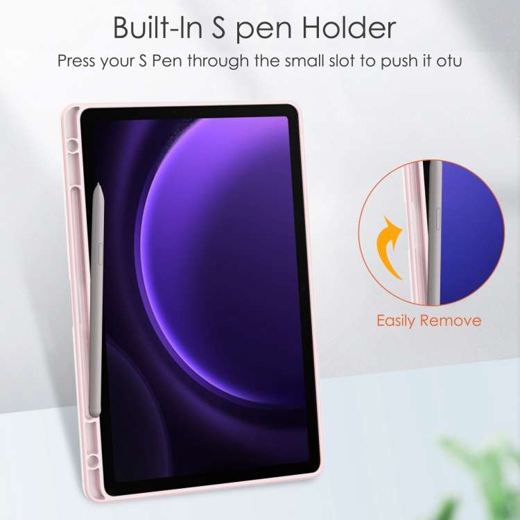 For Samsung Galaxy Tab S9 FE Acrylic 3-folding Smart Leather Tablet Case with Pen Slot(Pink)
