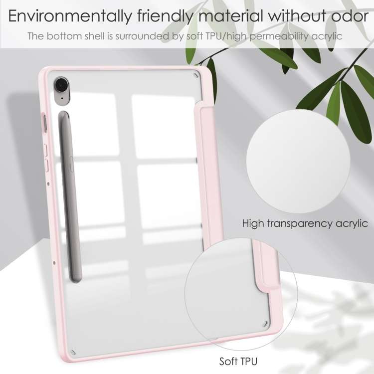 For Samsung Galaxy Tab S9 FE Acrylic 3-folding Smart Leather Tablet Case with Pen Slot(Pink)