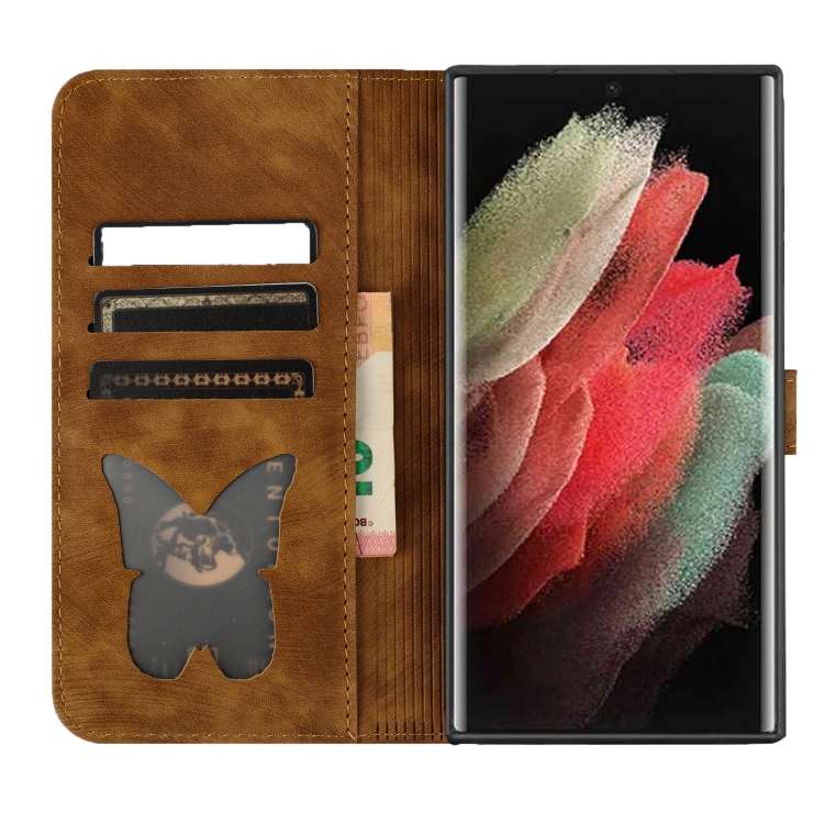 For Samsung Galaxy S23 Ultra 5G Butterfly Cat Embossing Flip Leather Phone Case(Brown)
