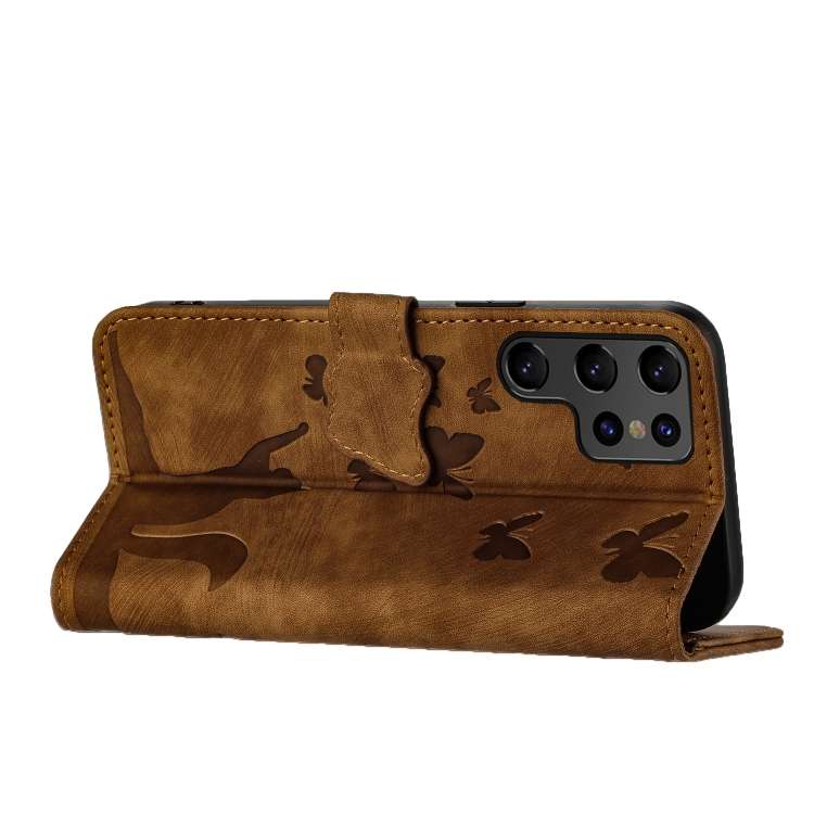 For Samsung Galaxy S23 Ultra 5G Butterfly Cat Embossing Flip Leather Phone Case(Brown)