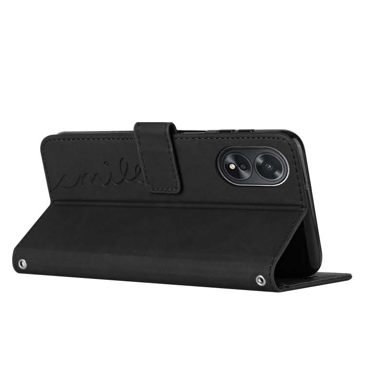 For OPPO A38 / Oppo A18 Skin Feel Heart Embossed Leather Phone Case with Long Lanyard(Black)