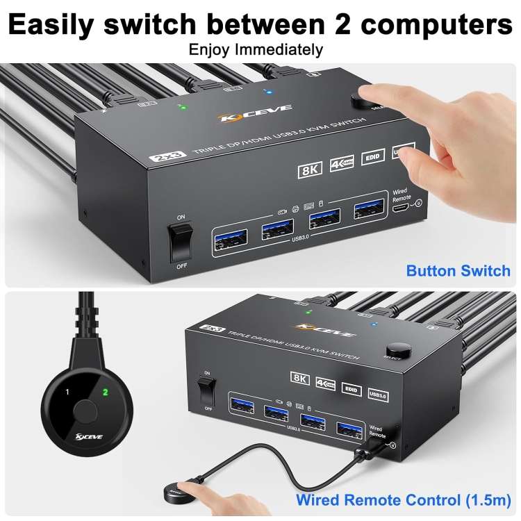 KC-KVM203DH 8K 30Hz USB3.0 DP+DP+HDMI Triple Monitors KVM Switch