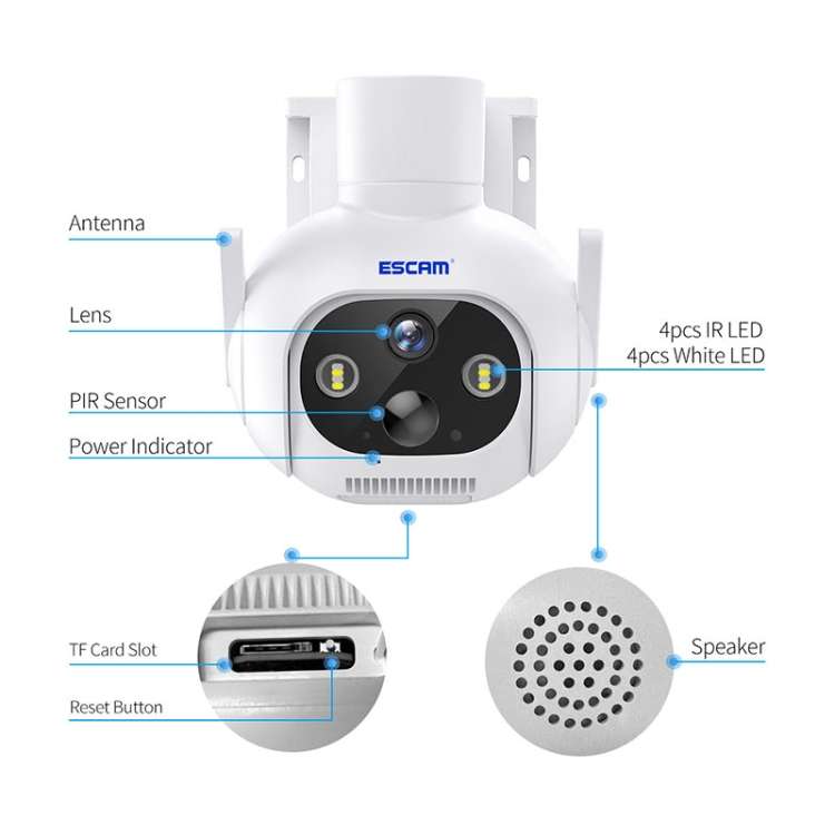 ESCAM QF172 2MP WiFi Two-way Audio Solar PIR alarm IP Camera(White)
