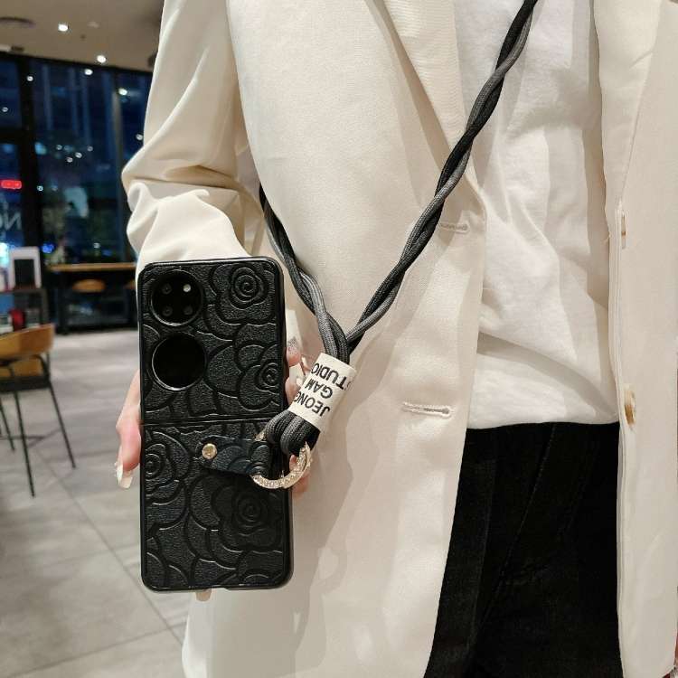 For Huawei P50 Pocket Impression Camellia Pattern Protective Phone Case with Diamond Ring Long Lanya