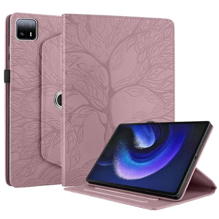 For Xiaomi Pad 6 Max 2023  Tree Life Embossed Rotation Leather Tablet Case(Rose Gold)