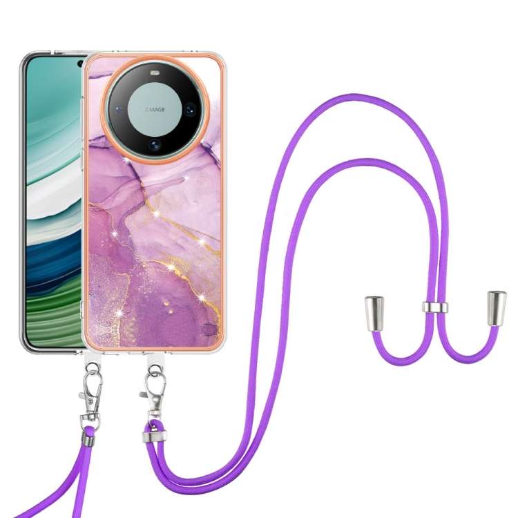 For Huawei Mate 60 Pro Electroplating Marble Dual-side IMD Phone Case with Lanyard(Purple 001)
