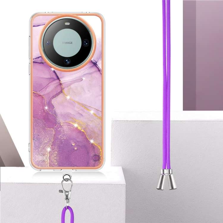 For Huawei Mate 60 Pro Electroplating Marble Dual-side IMD Phone Case with Lanyard(Purple 001)