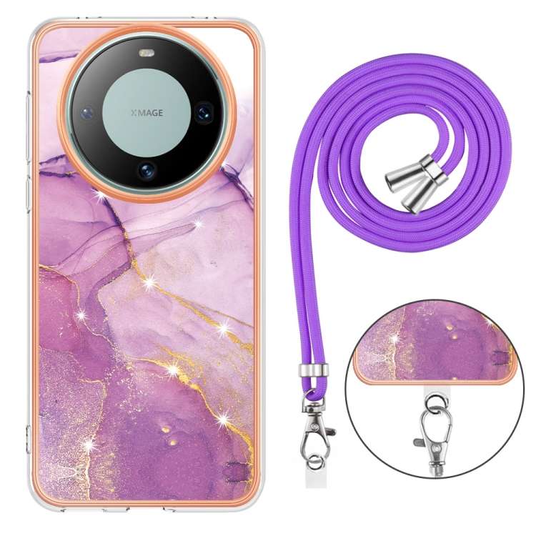 For Huawei Mate 60 Pro Electroplating Marble Dual-side IMD Phone Case with Lanyard(Purple 001)