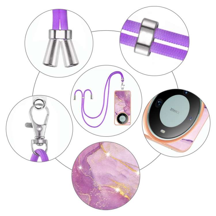 For Huawei Mate 60 Pro Electroplating Marble Dual-side IMD Phone Case with Lanyard(Purple 001)