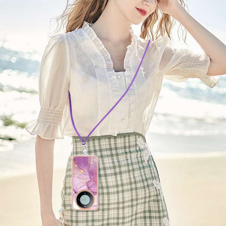 For Huawei Mate 60 Pro Electroplating Marble Dual-side IMD Phone Case with Lanyard(Purple 001)