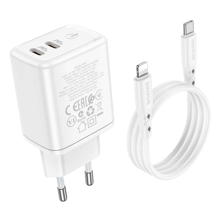 Borofone BN9 Reacher PD 35W USB-C / Type-C Dual Ports Charger Set with Type-C to 8 Pin Cable, EU Plu