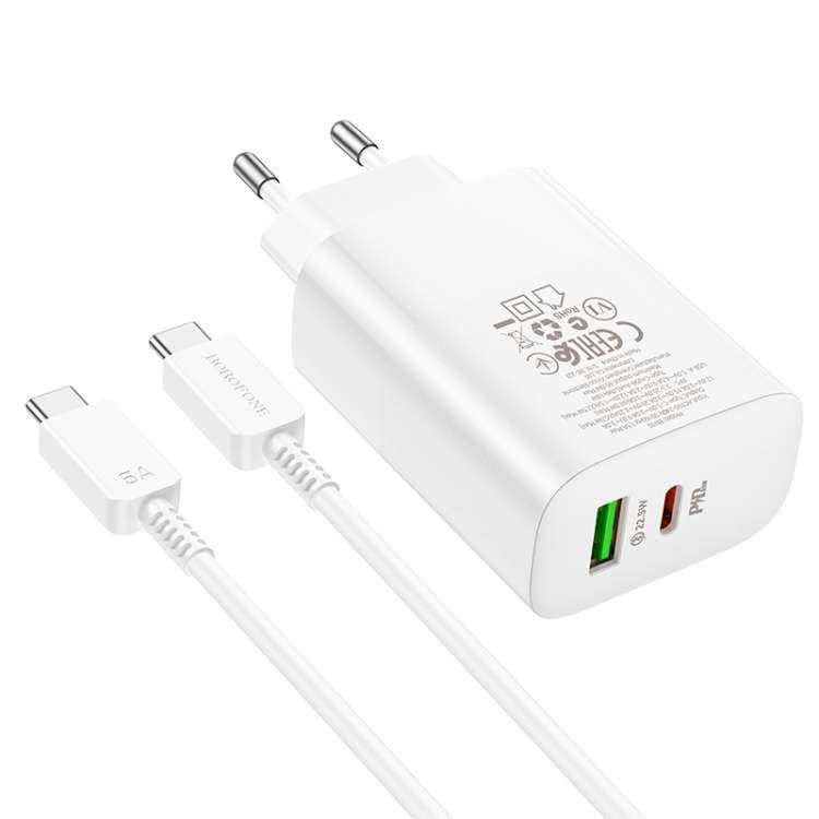 Borofone BN10 Sunlight PD 65W + USB 22.5W Dual Port Charger Set with Type-C to Type-C Cable, EU Plug