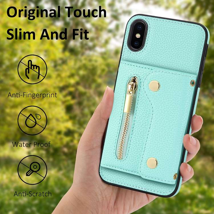 For iPhone XR DF-09 Crossbody Litchi texture Card Bag Design PU Phone Case(Cyan)