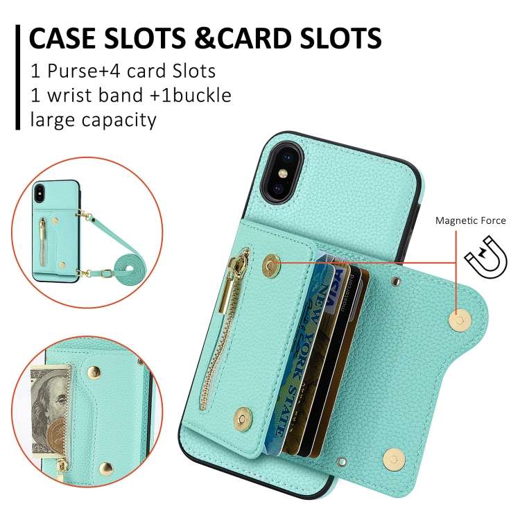 For iPhone XR DF-09 Crossbody Litchi texture Card Bag Design PU Phone Case(Cyan)