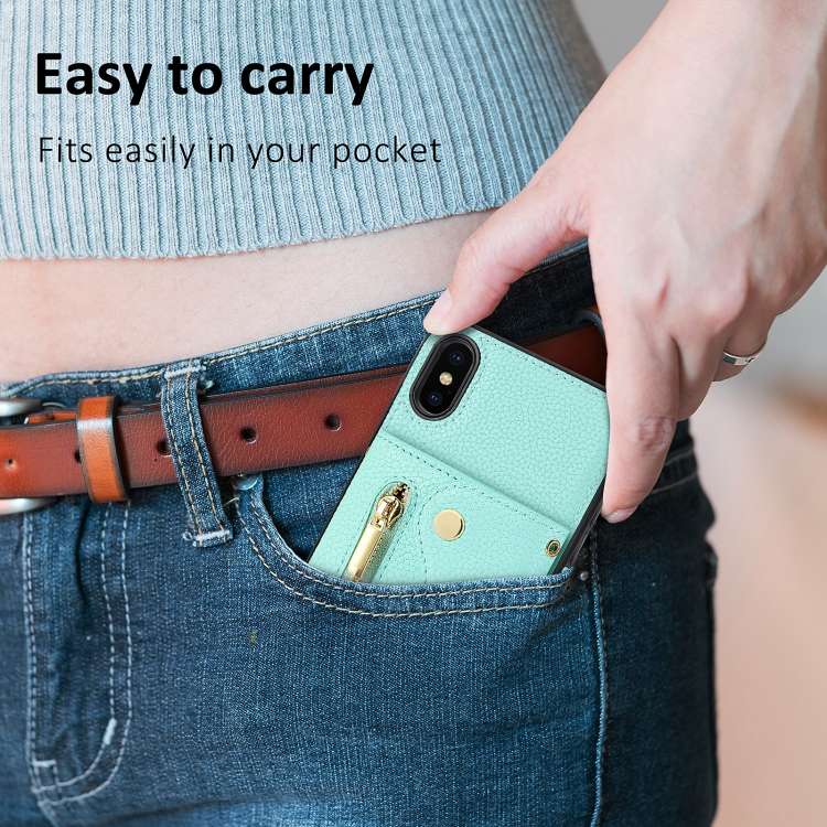 For iPhone XR DF-09 Crossbody Litchi texture Card Bag Design PU Phone Case(Cyan)