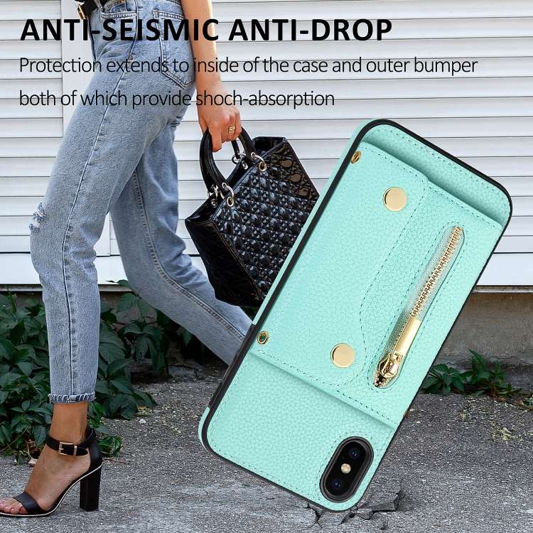 For iPhone XR DF-09 Crossbody Litchi texture Card Bag Design PU Phone Case(Cyan)