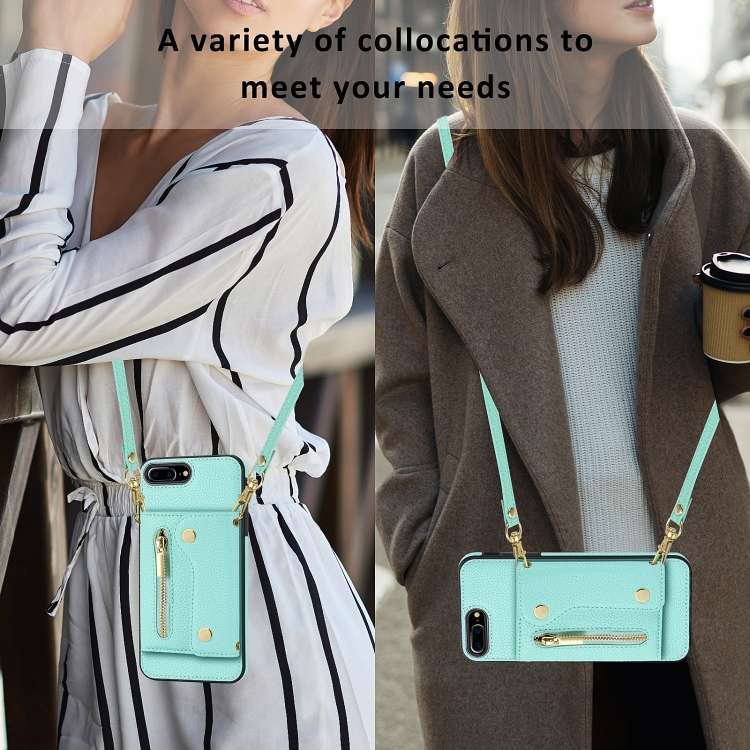 For iPhone XR DF-09 Crossbody Litchi texture Card Bag Design PU Phone Case(Cyan)