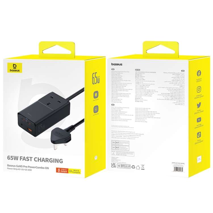 Baseus GaN5 Pro 65W AC+2xUSB+2xType-C PowerCombo Power Strip 1.5m with 1m Type-C to Type-C Cable, U