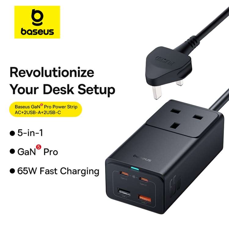 Baseus GaN5 Pro 65W AC+2xUSB+2xType-C PowerCombo Power Strip 1.5m with 1m Type-C to Type-C Cable, U