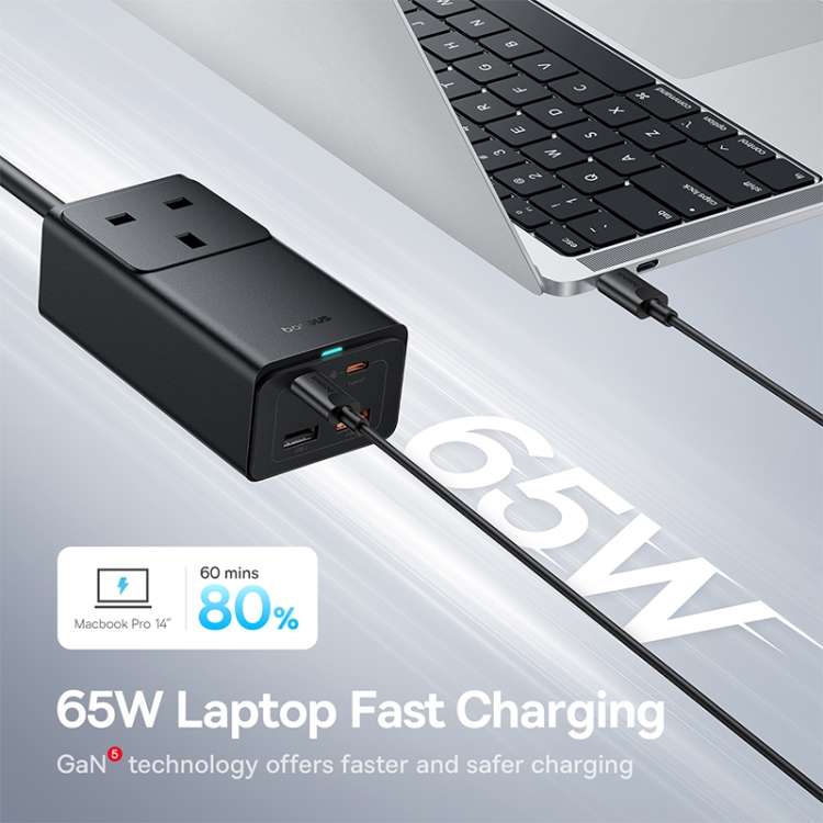 Baseus GaN5 Pro 65W AC+2xUSB+2xType-C PowerCombo Power Strip 1.5m with 1m Type-C to Type-C Cable, U