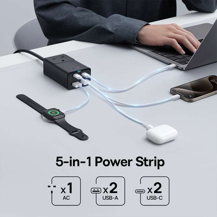 Baseus GaN5 Pro 65W AC+2xUSB+2xType-C PowerCombo Power Strip 1.5m with 1m Type-C to Type-C Cable, U