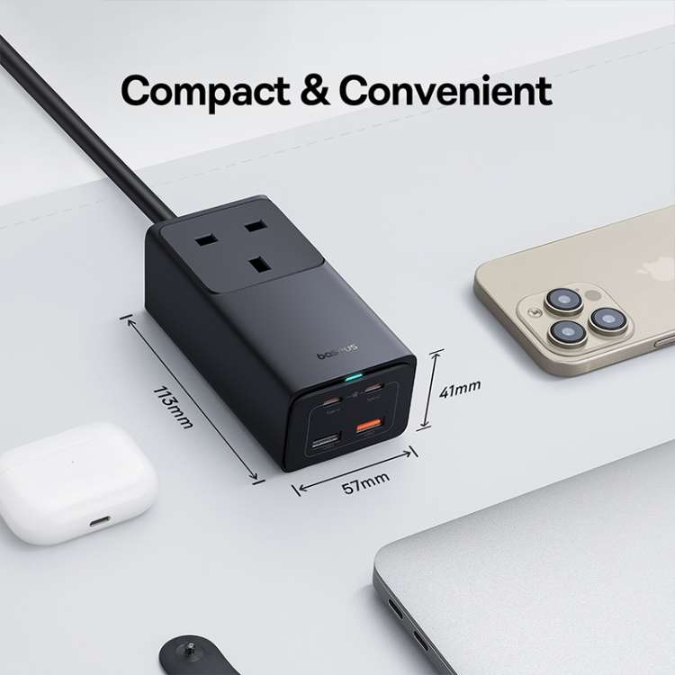 Baseus GaN5 Pro 65W AC+2xUSB+2xType-C PowerCombo Power Strip 1.5m with 1m Type-C to Type-C Cable, U