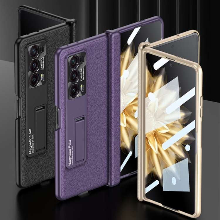 For Honor Magic V2 GKK Integrated Magnetic Hinge Flip Leather Phone Case with Holder(Carbon Fibre)
