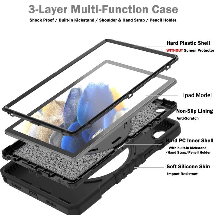 For Samsung Galaxy Tab A8 X200 X Rotation PC Hybrid Silicone Tablet Case with Strap(Full Black)