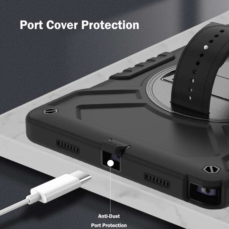 For Samsung Galaxy Tab A8 X200 X Rotation PC Hybrid Silicone Tablet Case with Strap(Full Black)