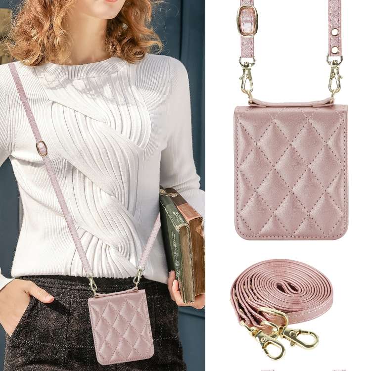 For Motorola Razr 40 Ultra Rhombic Texture Phone Case with Long & Short Lanyard(Rose Gold)