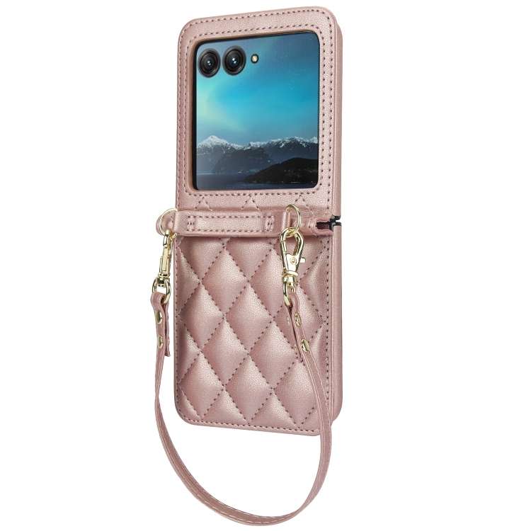 For Motorola Razr 40 Ultra Rhombic Texture Phone Case with Long & Short Lanyard(Rose Gold)