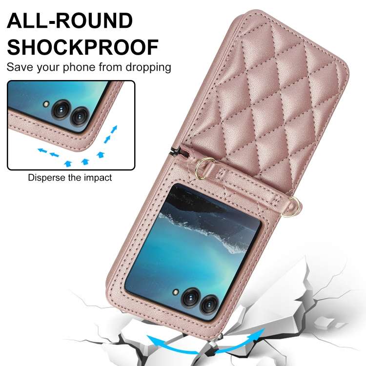 For Motorola Razr 40 Ultra Rhombic Texture Phone Case with Long & Short Lanyard(Rose Gold)