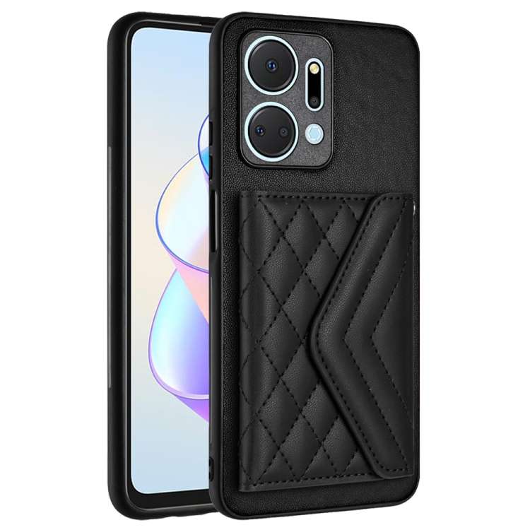 For Honor X7a / Play 7T Rhombic Texture Card Bag RFID Phone Case with Long Lanyard(Black)