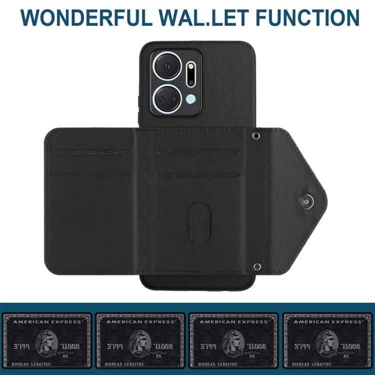 For Honor X7a / Play 7T Rhombic Texture Card Bag RFID Phone Case with Long Lanyard(Black)