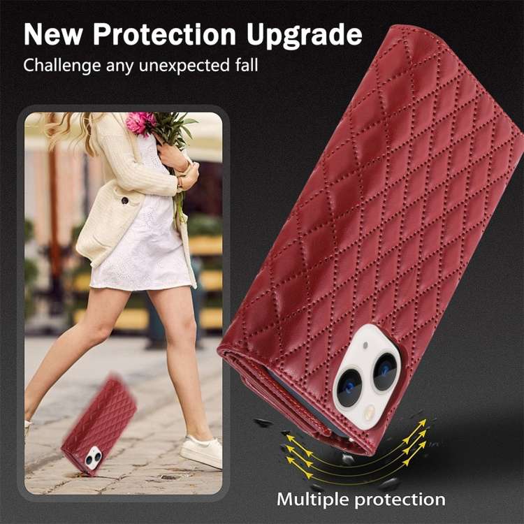 For iPhone 15 Plus Zipper Multi-Card Wallet Rhombic Leather Phone Case(Red)