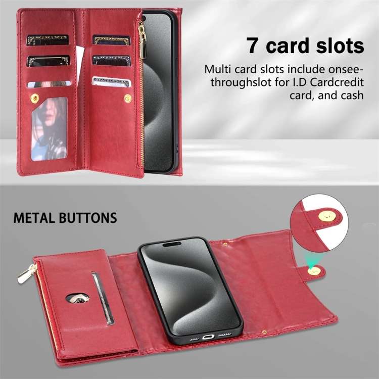 For iPhone 15 Plus Zipper Multi-Card Wallet Rhombic Leather Phone Case(Red)