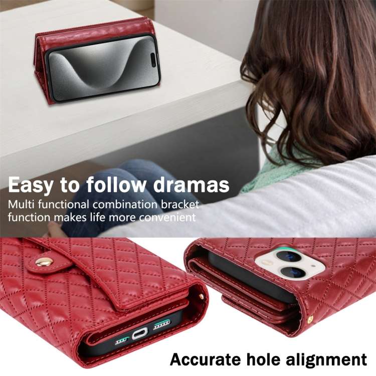 For iPhone 15 Plus Zipper Multi-Card Wallet Rhombic Leather Phone Case(Red)