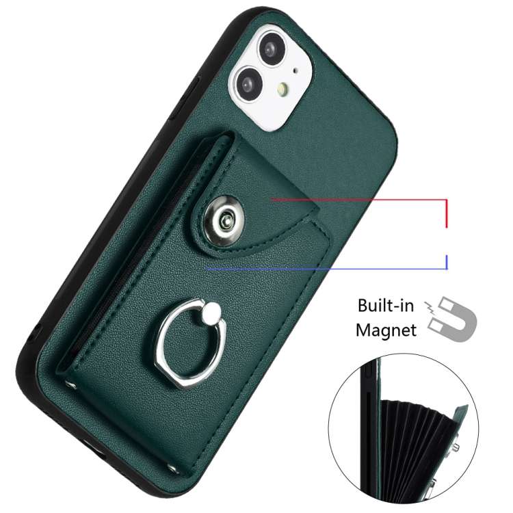 For iPhone 12 mini Organ Card Bag Ring Holder Phone Case with Long Lanyard(Green)