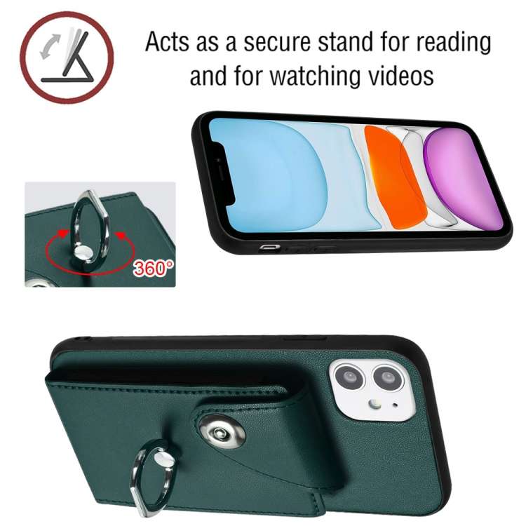 For iPhone 12 mini Organ Card Bag Ring Holder Phone Case with Long Lanyard(Green)