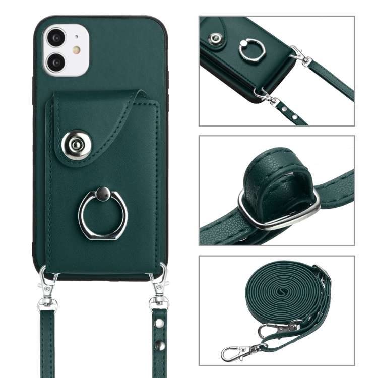 For iPhone 12 mini Organ Card Bag Ring Holder Phone Case with Long Lanyard(Green)