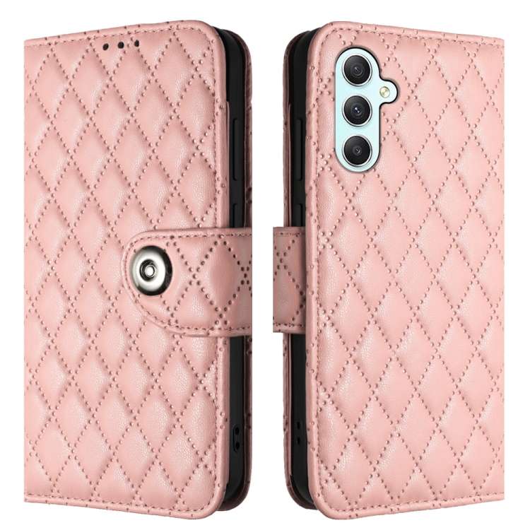 For Samsung Galaxy A54 Rhombic Texture Flip Leather Phone Case with Lanyard(Coral Pink)