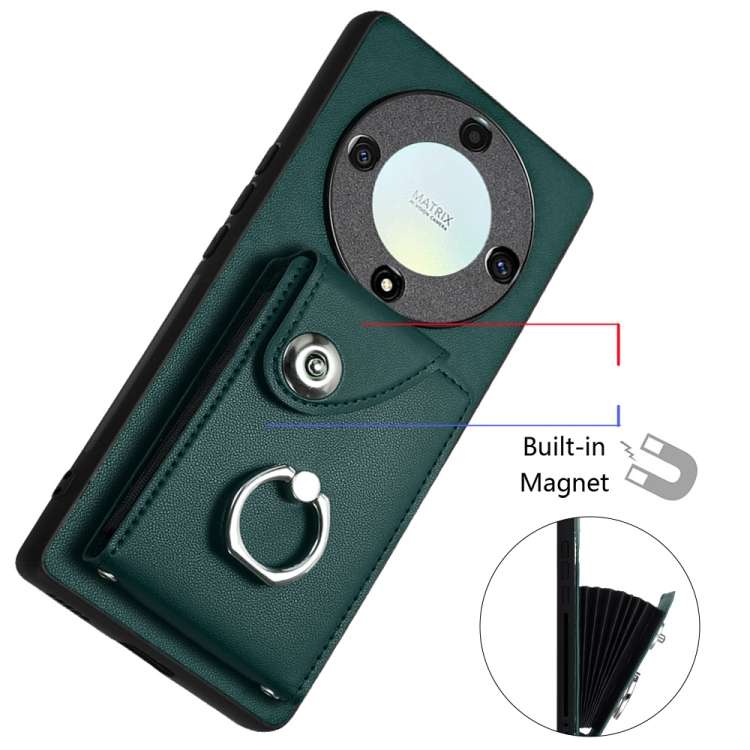 For Honor X9a / Magic5 Lite Organ Card Bag Ring Holder Phone Case with Long Lanyard(Green)